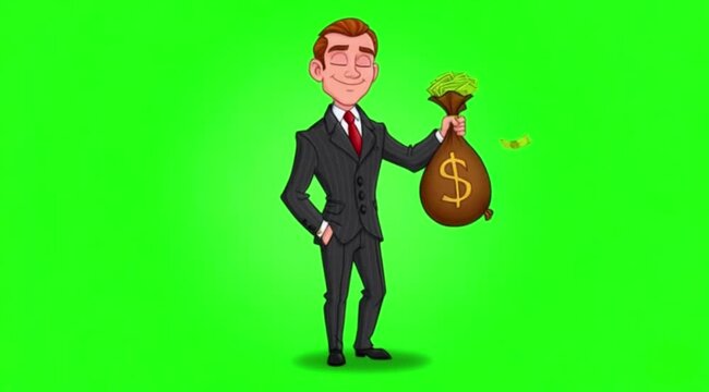 Cartoon businessman dance with money bag on green screen background.