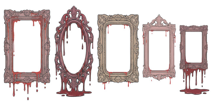 A collection of macabre decorative frames dripping with a vivid blood-red substance isolated on transparent background