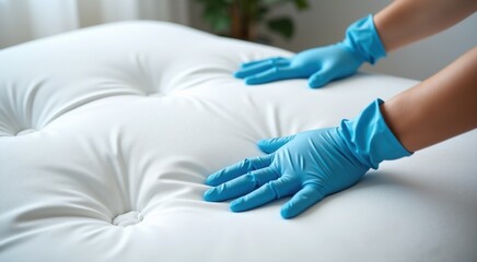 Obraz premium Someone in blue gloves is cleaning a mattress with a blue glove