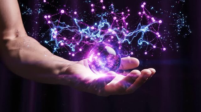 Hand holding glowing cosmic energy sphere with digital network connections