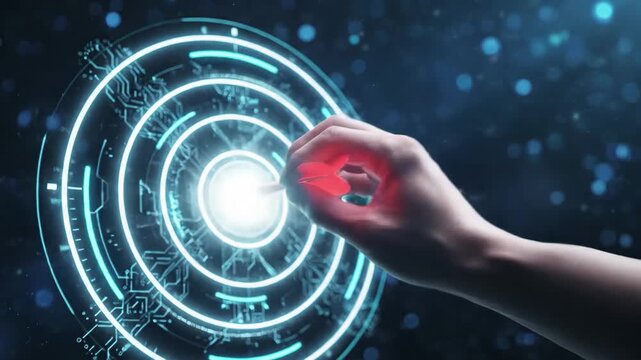 Hand aiming a dart at a glowing futuristic digital target in dark space