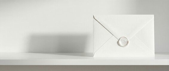 White envelope with wax seal on minimalist shelf. Elegant formal correspondence and invitation concept for announcements and personal letters. banner format