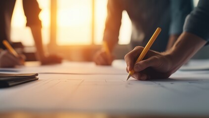 Architect team hands busy drawing and planning new project designs on blueprints during a collaborative meeting at sunset