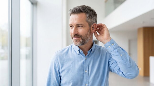 Mature man adjusting hearing aid near window in modern interior with copy space
