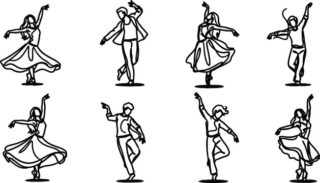Set of eight people dancing in various poses and outfits performing different movements
