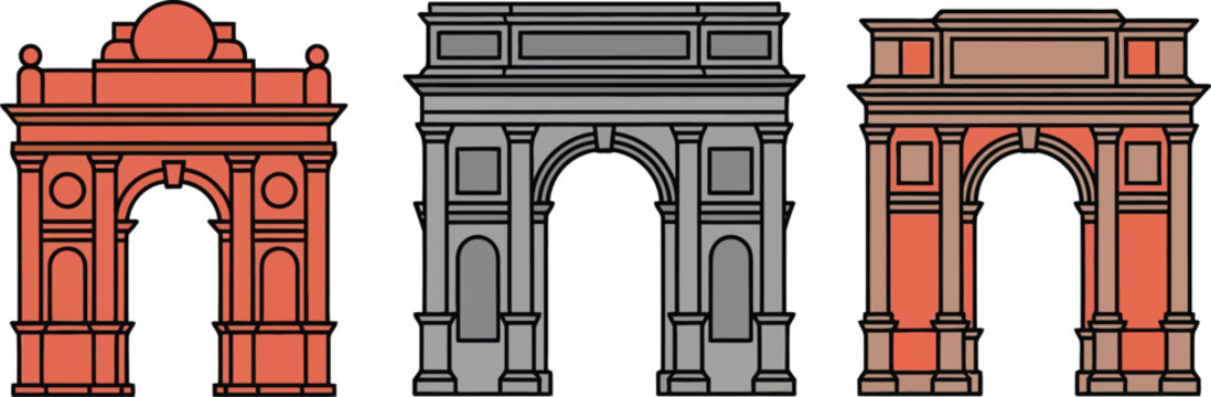 Three different architectural archways with columns and decorative elements on white background
