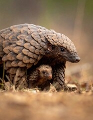 A large pangolin and a small one in a protective embrace