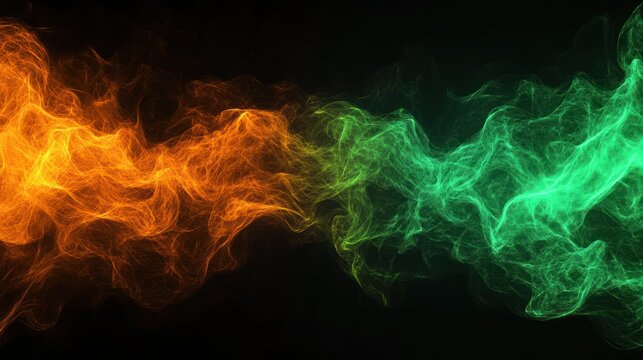 Vibrant orange and green flames on a dark background, creating a dynamic and intense visual effect