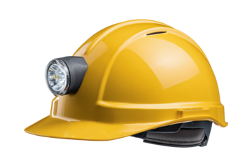Yellow hard hat with attached bright L E D headlamp isolated on black helmet
