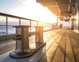 Sunset glistens on a ship's deck with metal mooring posts, wooden planks, and distant ocean beyond the railing