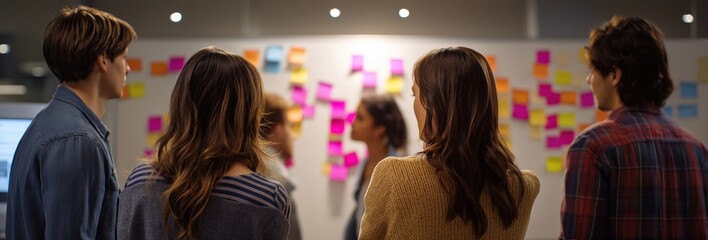 Young diverse business team brainstorming ideas and planning a new startup project using colorful sticky notes on a whiteboard