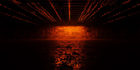 Fototapeta premium Cyber Futuristic Underground Basement Center Sci Fi Red Orange Neon Glowing VIbrant Concrete Grunge Warehouse Dystopian 3D Rendering
