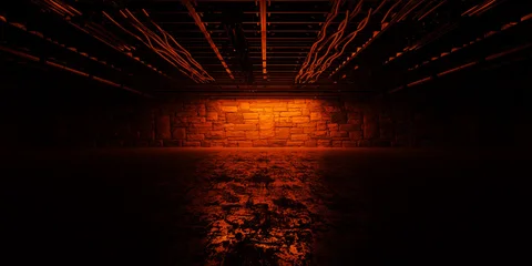 Cyber Futuristic Underground Basement Center Sci Fi Red Orange Neon Glowing VIbrant Concrete Grunge Warehouse Dystopian 3D Rendering © IM_VISUALS