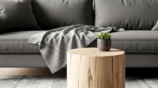 This captivating video showcases a stylish and inviting modern living space, perfect for conveying comfort and contemporary interior design. A luxurious, textured grey sofa adorned with soft throw cus