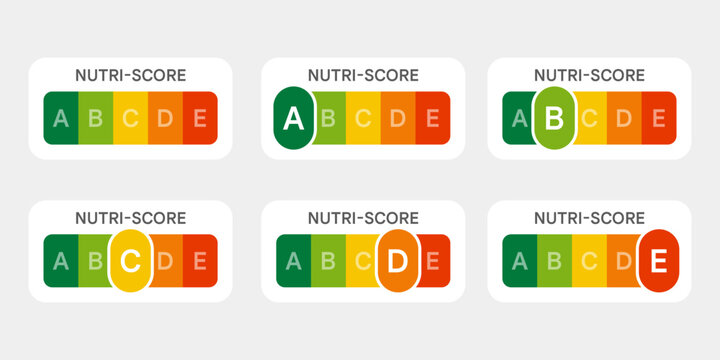 Nutri-Score label on white background. Nutri-Score stickers. Labels for food of packaging