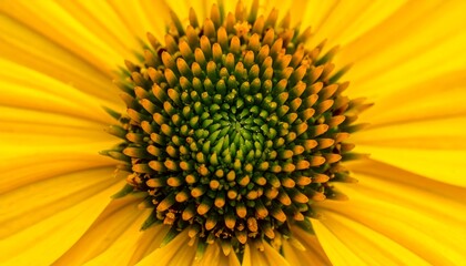 Close-up of a Vibrant Yellow Sunflower Head with Green Center.