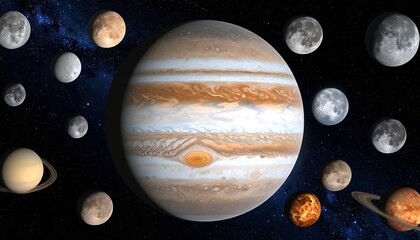 A large planet surrounded by smaller celestial bodies in space