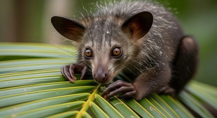 Obraz premium Ultra realistic aye-aye (Daubentonia madagascariensis) on palm frond in Masoala Peninsula Madagascar Africa, rare nocturnal primate portrait with sharp fur and eye detail in HDR 8k