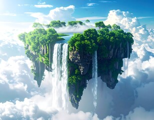 A heart-shaped island with lush greenery and waterfalls floats above fluffy white clouds under a blue sky