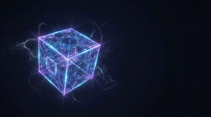 Glowing neon circuit cube in space with vibrant purple and blue lights