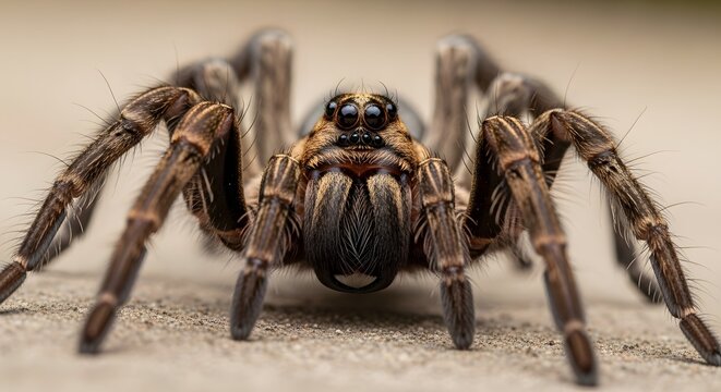 Photorealistic extreme close up Lycosa tarantula wolf spider on natural ground, detailed hairs and fangs in sharp focus, professional wildlife macro photography in ultra high resolution HDR 8k