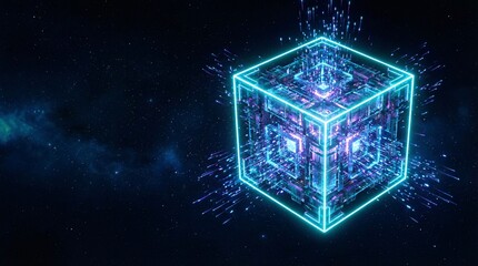 Glowing blue cube with neon lights exploding in space with stars