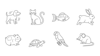 Collection of simple outline drawings featuring various common household pets including a dog cat fish rabbit hamster turtle parrot and mouse