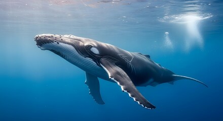 Fototapeta premium Ultra realistic humpback whale gliding gracefully in deep ocean waters, cinematic underwater scene with sun rays and detailed skin texture, peaceful marine wildlife photography in HDR 8k quality