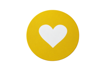 White heart symbol on a textured yellow circle against black background image