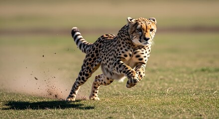 Ultra realistic cheetah running at full speed across grassy field, intense predator sprint with sharp spotted fur detail and motion energy, cinematic wildlife action photography in HDR 8k quality
