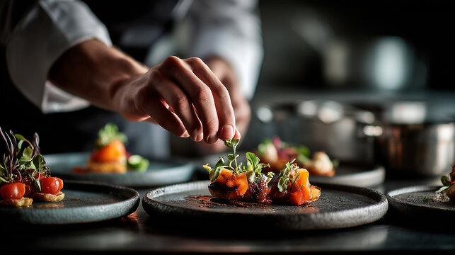 Chef plating gourmet dish with precision in fine dining kitchen, elegant haute cuisine presentation with fresh microgreens and vibrant vegetables