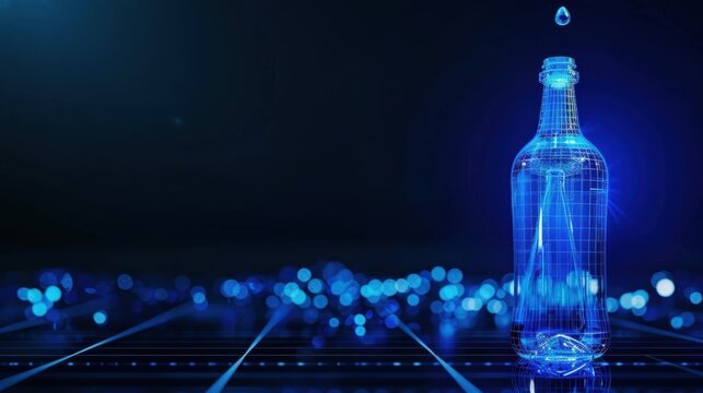 Abstract representation of a futuristic glass bottle with digital elements and water droplets in a technology-inspired environment