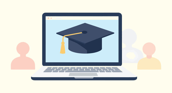 Digital Graduation Concept with Academic Cap on Laptop Screen and Student Avatars
