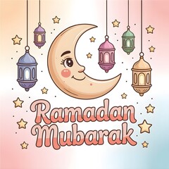 a whimsical pastel illustration featuring a smiling moon with lanterns 