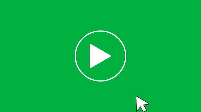 Play and pause button click animation with mouse cursor on green and black screen. cursor arrow click media player video