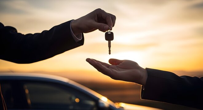 silhouette of a hand holding a bottle of water, Car Key Handover Silhouette at Sunset for Auto Sales and Rental Concepts