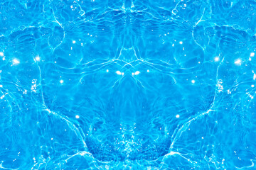 Fototapeta premium Blue water with ripples on the surface. Defocus blurred transparent blue colored clear calm water surface texture with splashes and bubbles. Water waves with shining pattern texture background.