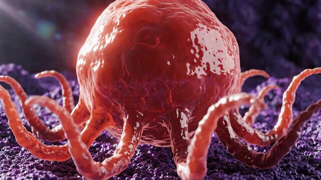3d rendering of a malignant cancer cell with pseudopods on a textured purple surface