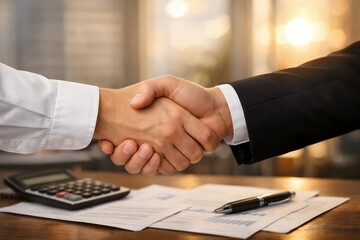 Fototapeta premium Handshake in business meeting with documents and pen on desk