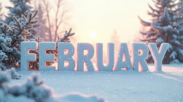 Word february in the snow with trees in the background