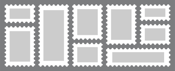Set Postage stamps template. Postage stamp borders set vector . Light Postage Stamps collection. Blank Postage Stamps on gray background. 