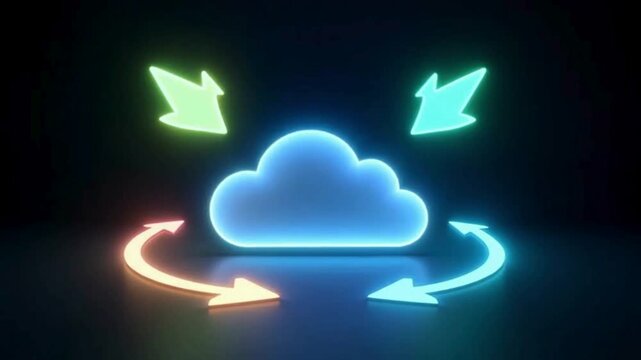 Glowing Cloud Sync Icon with Radiant Neon Arrows 5s Loop