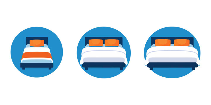 Flat design bed icons set featuring single and double beds for bedroom interiors