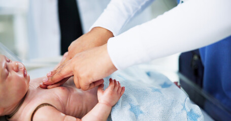 Hands, nurse and CPR on baby doll for medical simulation, learning technique and emergency rescue. People, health intern and infant chest compressions on mannequin for life saving training in clinic