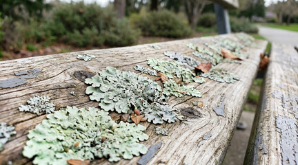 Lichen on park bench with weathered wood in outdoor park setting  