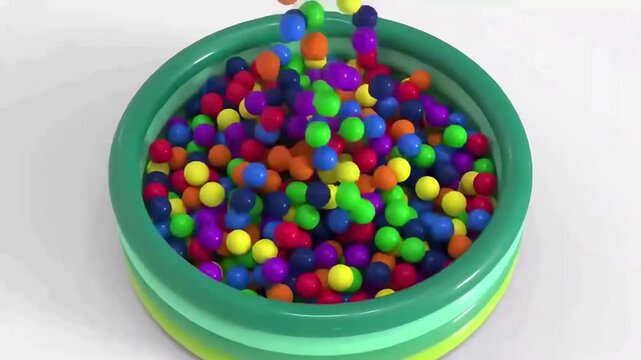 Colorful balls falling into a green inflatable kiddie pool on white background, 3D animation.