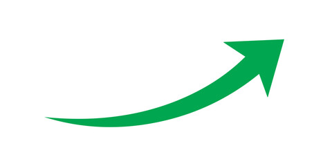 A smooth green arrow curving upwards and to the right, clearly isolated on a white background, visually represents market growth, rising performance.
