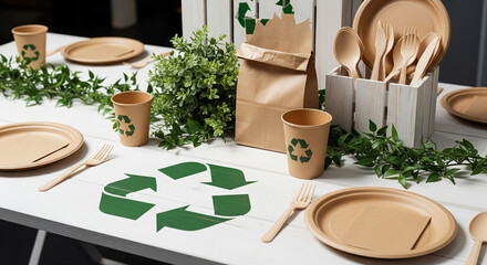 Eco-Friendly Table Setting: A beautifully arranged table showcases sustainable tableware, eco-friendly cups, plates, and cutlery adorned with the universal symbol of recycling.