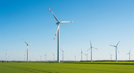 Fototapeta premium Harnessing the Breeze: A captivating view of a wind farm, with towering wind turbines gracefully turning against a bright, clear blue sky over an expansive green field, symbolizing sustainable energy.