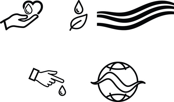 Water conservation and environmental protection icons with hands heart leaf and globe